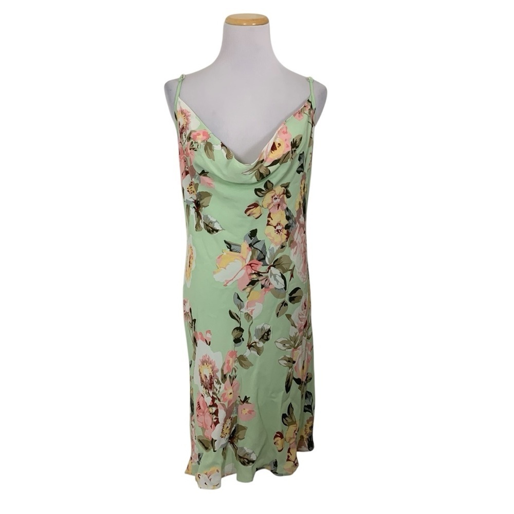 Privacy Please Ozark Mint Green Floral Slip Dress Draped Neckline Size M Lined